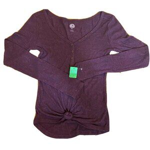 SO Womens Maroon Long-Sleeve Fitted Henley Top With Buttons & Knot Detail S